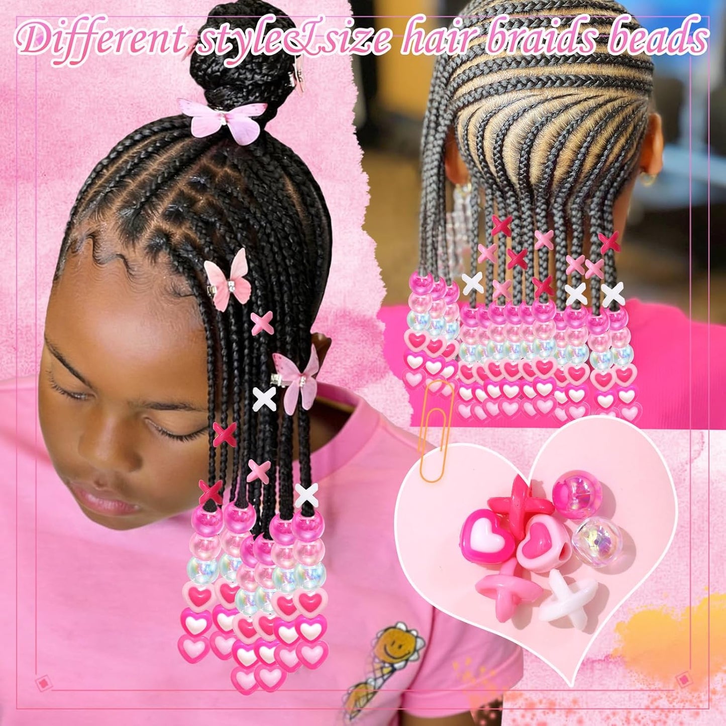 60PCS Pink White Hair Beads for Braids Three Styles Cute Loc Beads Heart Shape Bead for Kids Dreadlock AB Color Round Pony Bead Accessories