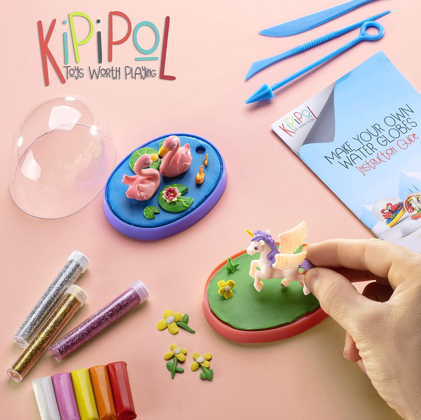 Kipipol Make Your Own Holiday Water Globe Kit – 3X DIY Snow Globe Making Kit w/ 3 Figures, 10 Packs of Modeling Clay for Sculpting, Crafts for Girls Ages 4-6, Arts and Crafts for Kids Ages 4-6-8-12