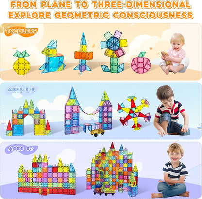 Paaxido Magnetic Tiles, 130PCS Magnetic Blocks Set with 2 Cars, 4D Diamond Magnet Building Blocks, STEM Preschool Educational Magnet Toys Gift for Kids, Boys and Girls 3 4 5 6 7 8+ Year Old