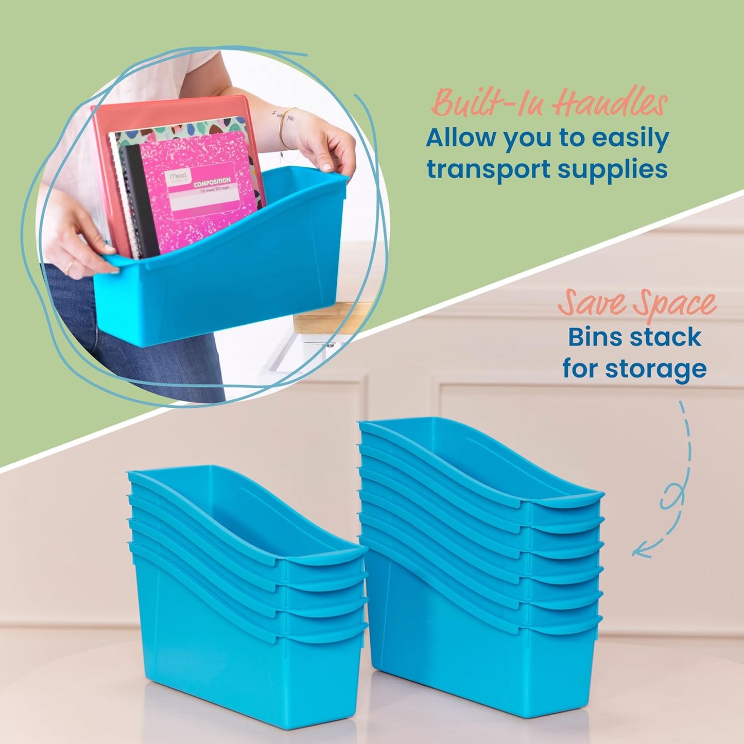 ECR4Kids Linking Plastic Storage Book Bin, Multipurpose Organization, Neon Purple, 10-Piece