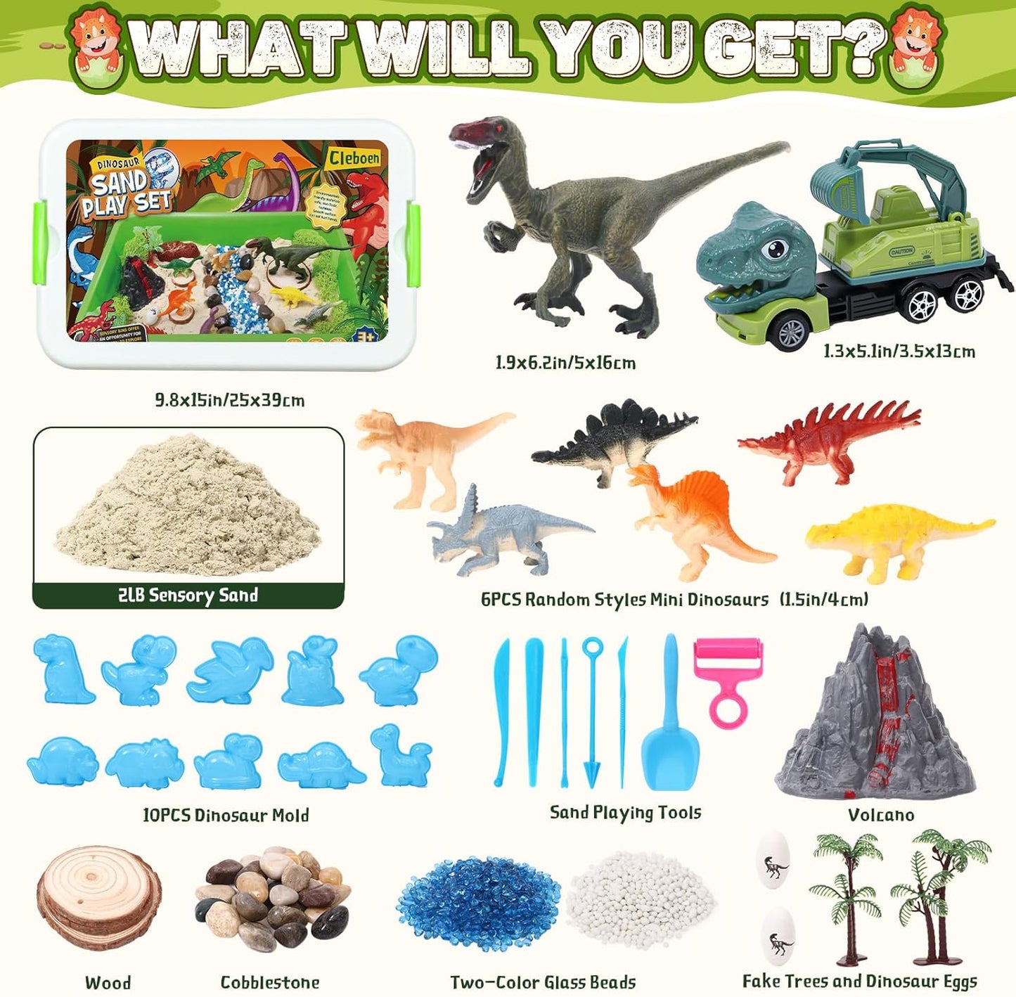 TUZT Dinosaur Sensory Bin & Play Sand Toy Kits for Toddlers Kids - 2lbs Magic Sand & Play Set, 10 Dino Molds & 7 Sand Models with Truck, Christmas Birthday Sandbox Gift for Boys Girls 3+ Years Old