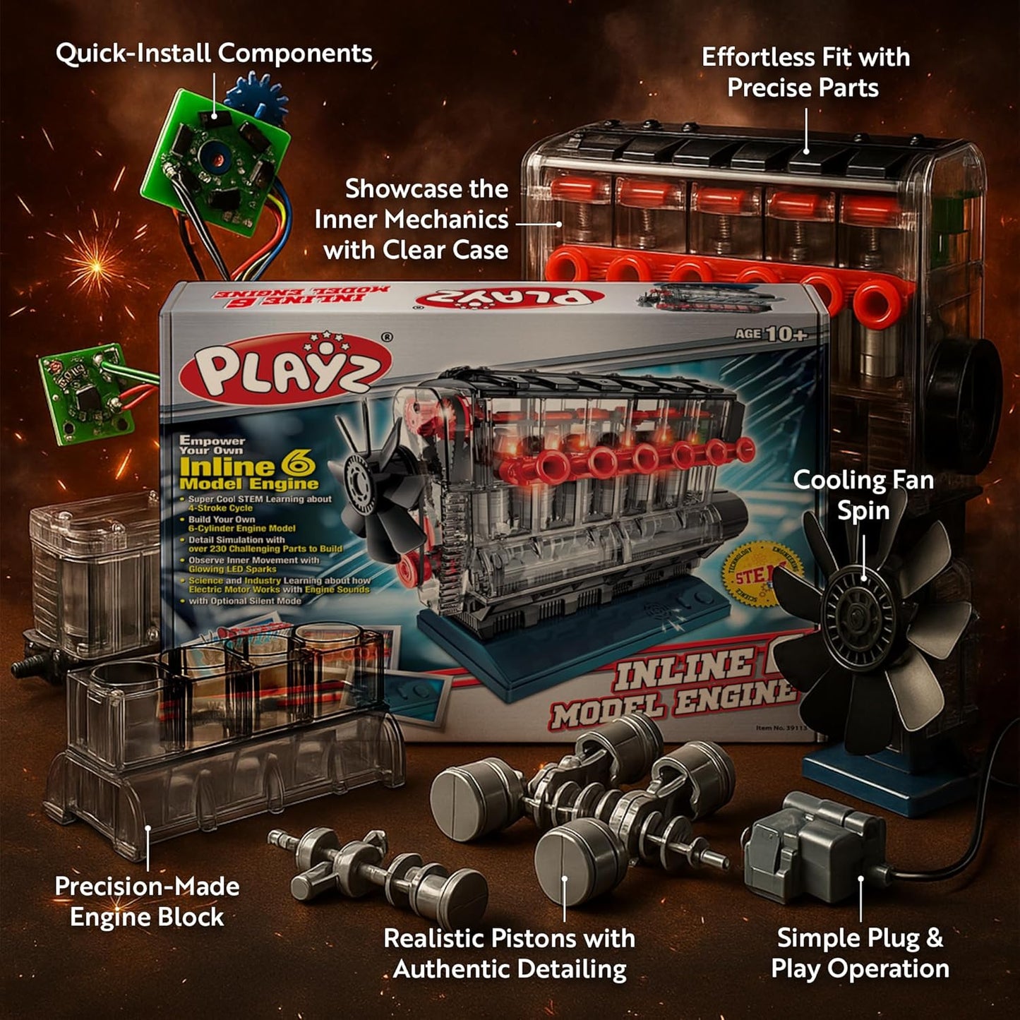 Playz V8 Combustion Engine Model Kit That Runs - Build Your Own STEM Mini V8 Model Engine Kit for Adults & Kids Age 12+, Visible V8 Mini Engine Kit That Works for Adult w/ 270 STEM Parts