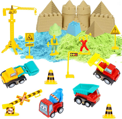 GarveeLife Kids Sand Kit, 43PCS Set w/Tools, 6 Construction Trucks & Castle Molds, Foldable Sand Box Storage Bin Tote, Toys for Boys Girls
