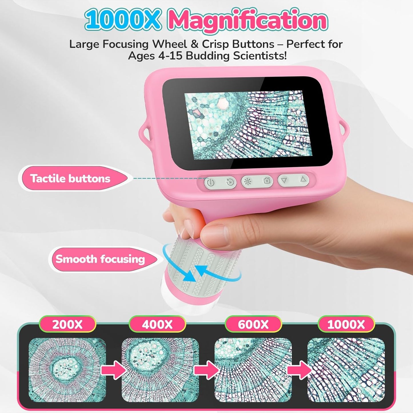 3.0" Screen Digital Microscope for Kids: 1000X Rechargeable Mini Pocket Portable Miniscope Magnifying Glass 4K Coin Jewelry Loupe Edu Science STEM Toy Xmas Gift 4-12 Boys Girls