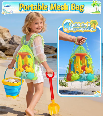 Collapsible Beach Sand Toys for Kids Toddlers, Collapsible Sand Bucket with Water Wheel Sifter Shovels Set with Mesh Bag and Sand Molds, Travel Beach Sandbox Toys for Boys Girls 3 4 5 6 7 8 9 10+