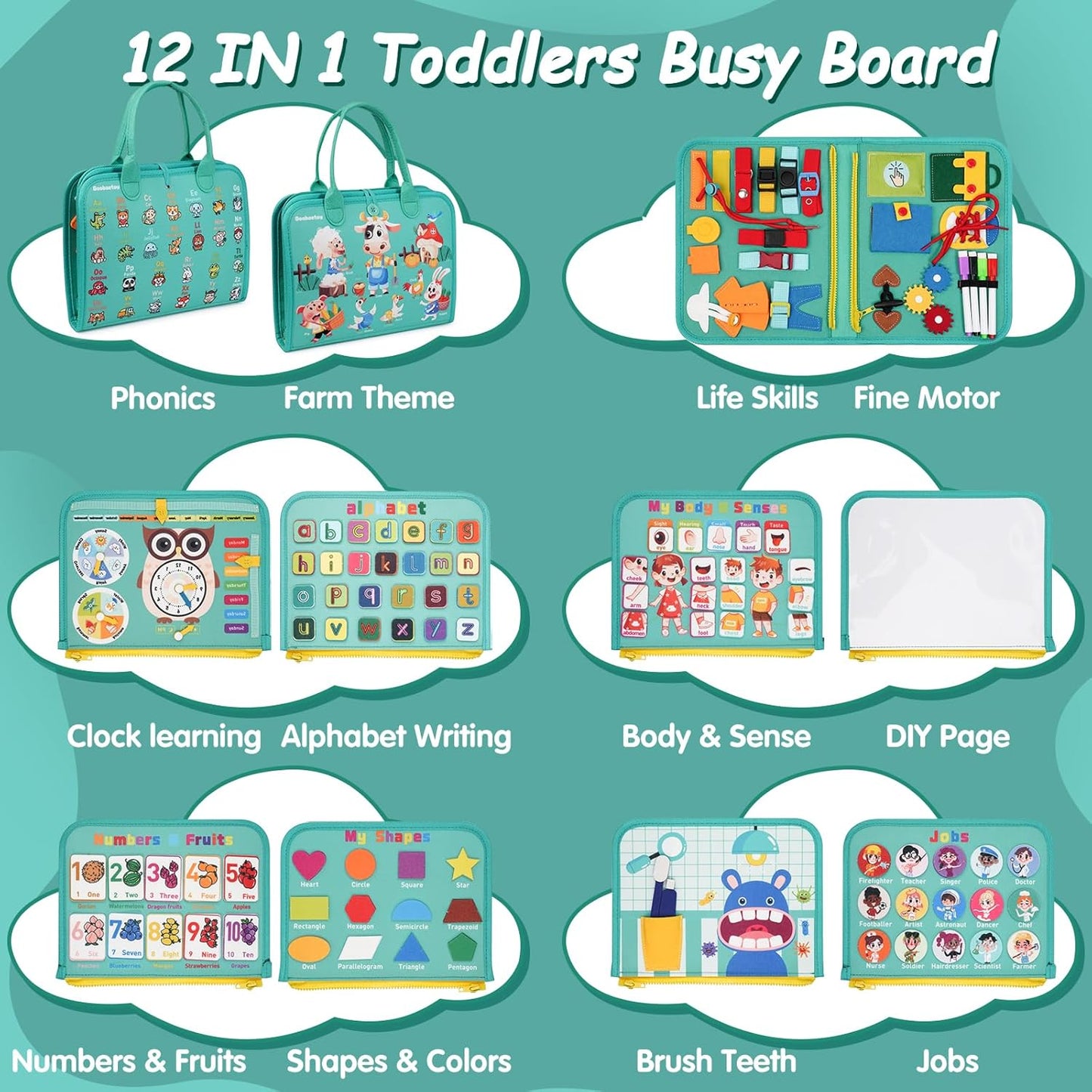 Montessori Busy Board - Sensory Learning Toys for Toddlers 3-6 Years-10 Pages-32 Activities, Airplane Car Travel Educational Toys for Autism, 3 Years Boy Birthday Gift (Cyan)