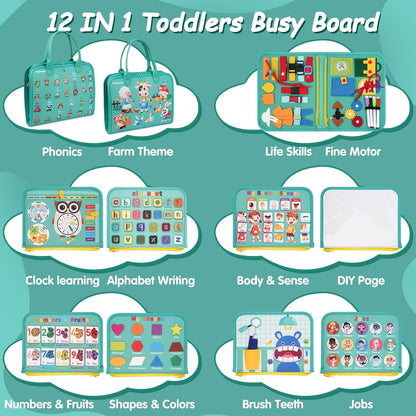 Montessori Busy Board - Sensory Learning Toys for Toddlers 3-6 Years-10 Pages-32 Activities, Airplane Car Travel Educational Toys for Autism, 3 Years Boy Birthday Gift (Cyan)