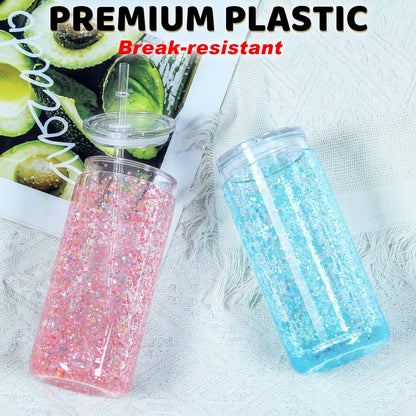 20 Oz Plastic Snowglobe Tumbler, 4 Pack Pre-Drilled Double Wall Acrylic Snow Globe Cup, Plastic Clear Cup for Snowglobe, with Clear Lid