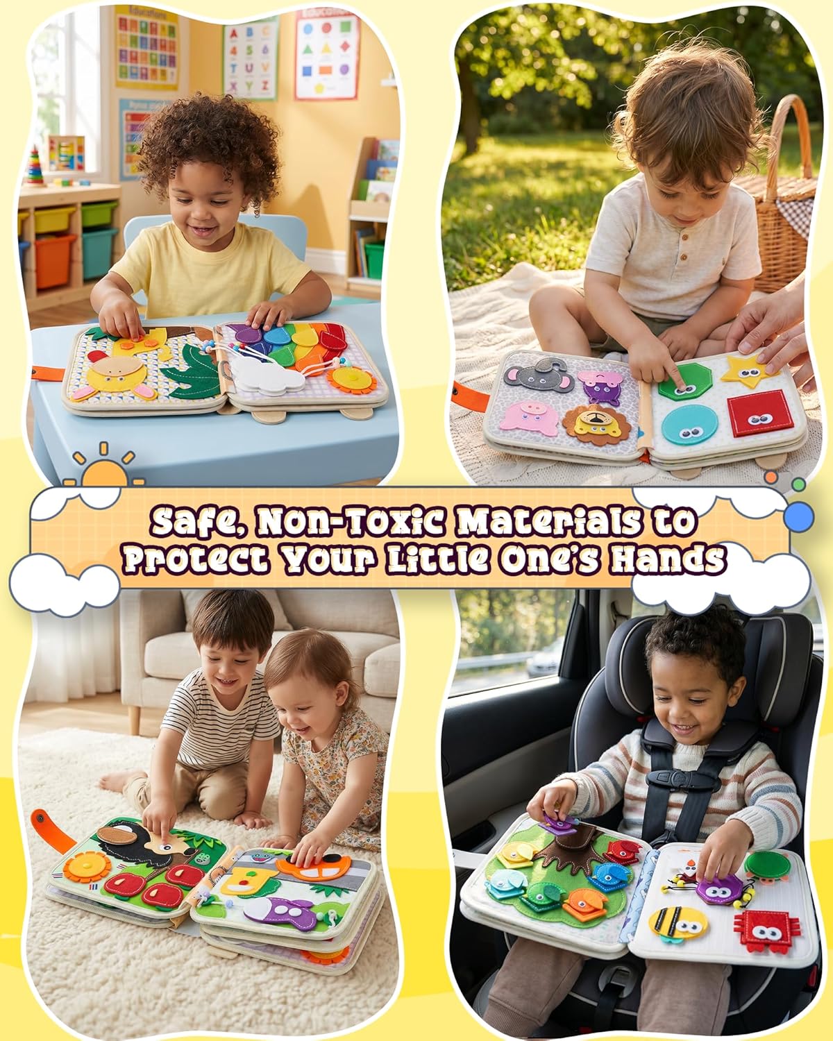 Montessori Busy Book for Toddlers, 8-Page Sensory Activity Book for Fine Motor Skills & Basic Dress Learning, Portable Travel Toy for Preschool Kids, Birthday Gift for Boys and Girls (Blue)