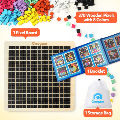 Coogam Wooden Mosaic Puzzle, 370PCS Shape Pattern Blocks with 8 Colors, Pixel Board Game Montessori STEM Toys Gift for Kids Toddlers Boys Girls Ages 4 5 6 7 Years Old