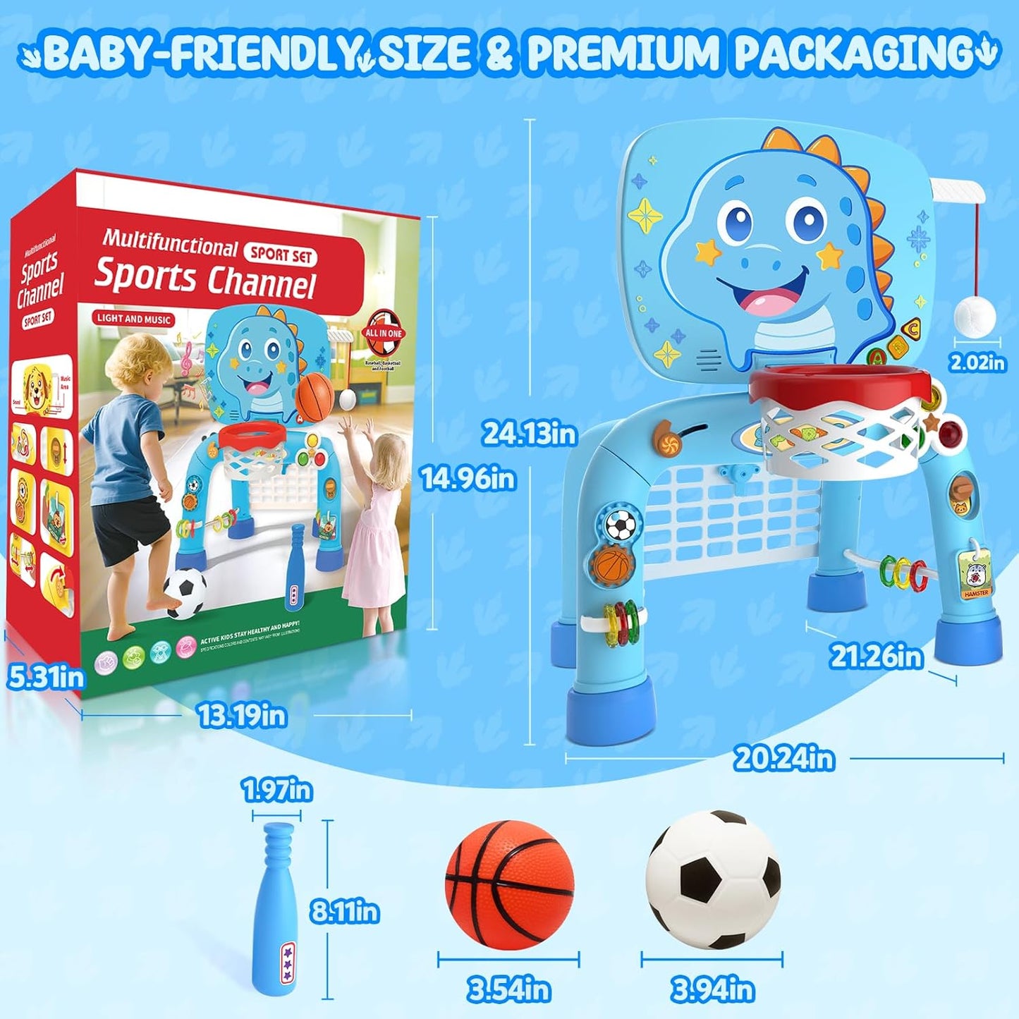 Toys for 1 Year Old Boy - Toddler Basketball Hoop & Soccer Goal & Baseball Activity Center with Light Sound Music, Puppy Montessori Sports Toy, Christmas Birthday Gift for Baby 12-18 Months, Yellow