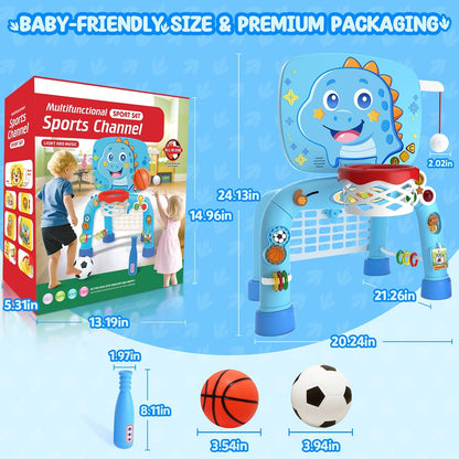 Toys for 1 Year Old Boy - Toddler Basketball Hoop & Soccer Goal & Baseball Activity Center with Light Sound Music, Puppy Montessori Sports Toy, Christmas Birthday Gift for Baby 12-18 Months, Yellow