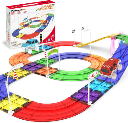 PicassoTiles 121pc Magnetic Tile Race Track Marble Run Magnet Tiles 3-in-1 Playset Car Racing Construction Set STEM Learning Early Education Building Toy Cars for School Toddlers Boys Girls Ages 3+