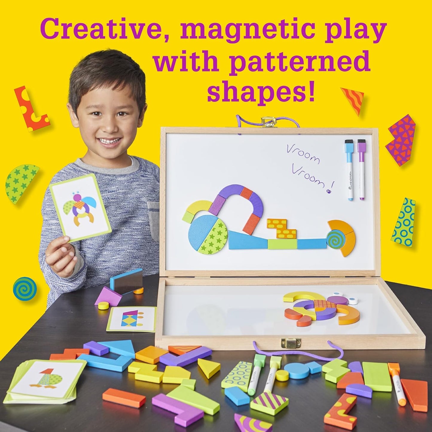 MindWare Imagination Patterns - Creative, Magnetic Play with Patterned Tangram Shapes - Includes 60 Magnetic Blocks, 60 Puzzle Cards, Dry Erase Markers & Wood Case - Deluxe