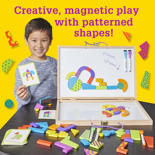 MindWare Imagination Patterns - Creative, Magnetic Play with Patterned Tangram Shapes - Includes 60 Magnetic Blocks, 60 Puzzle Cards, Dry Erase Markers & Wood Case - Deluxe