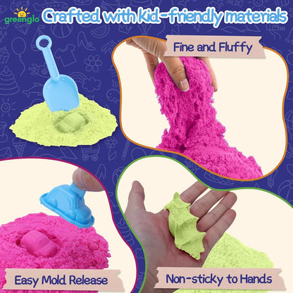 greenglo Kids Sensory Magic Sand Playset - 1.10 Lbs Color Sand Kit, 16 Pcs Molds (Cake/Dessert, car, sea Animal) & Tools, Ideal Sensory Bin for Boys & Girls Ages 3-8