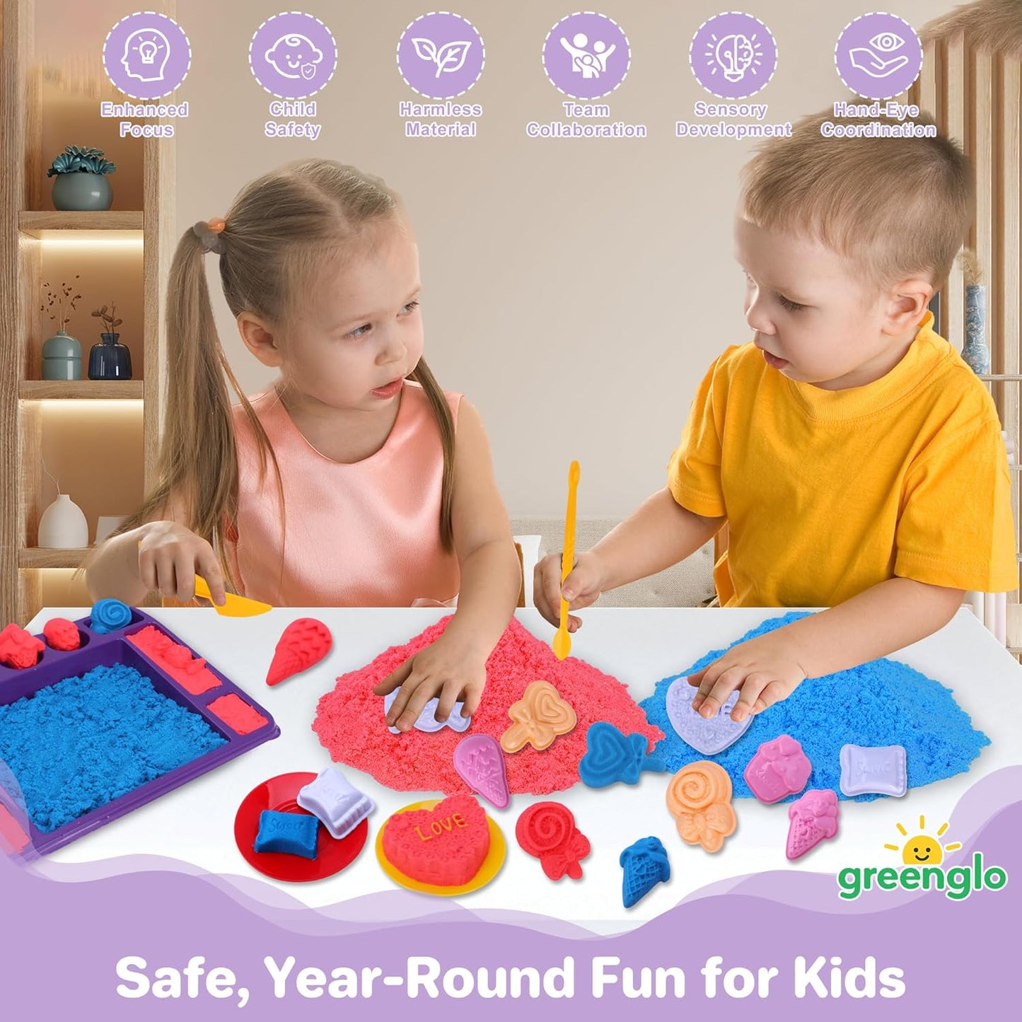 greenglo Sensory Sand Kit for Kids - 0.88 LBS with 12 Molds & Ice Cream Display Tray Sandbox - Kids' Sand Playset Ages 3-8 Creative Sensory Bin Play