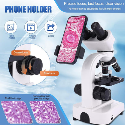 Microscope for Adults & Kids,40-2500X Binocular Microscope for School Lab & Home Schooling,with Mechanical Stages,Slides Set & Phone Holder