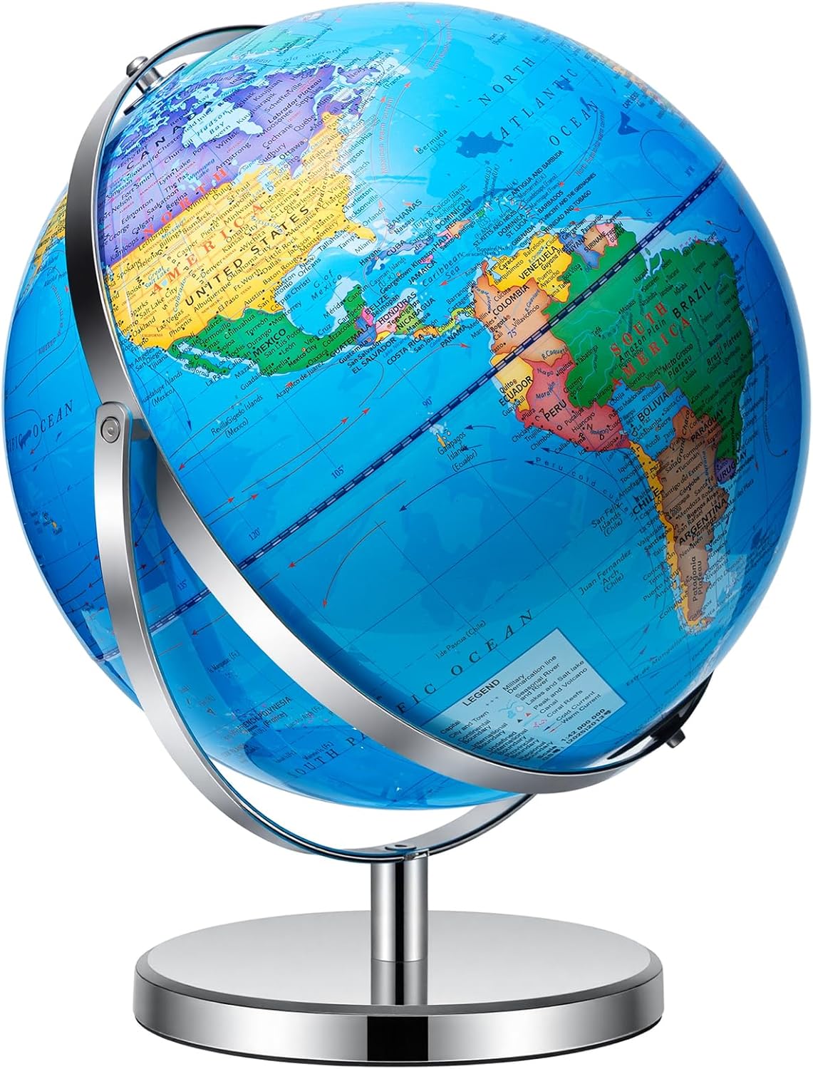 BSHAPPLUS World Globe with Stainless Steel Stand 13 inch, 720 Rotating & HD Waterproof Material, Teaching/Geographic/Decorative Globes with Clear Text for Elementary, Classroom, Home, School, Office