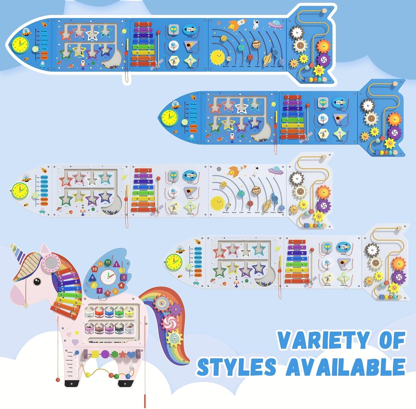 Spacocld Rocket Activity Wall Busy Board Panels - Sensory Wall Panel for Kids, Montessori Toddler Wall Activity Board(5PCS)