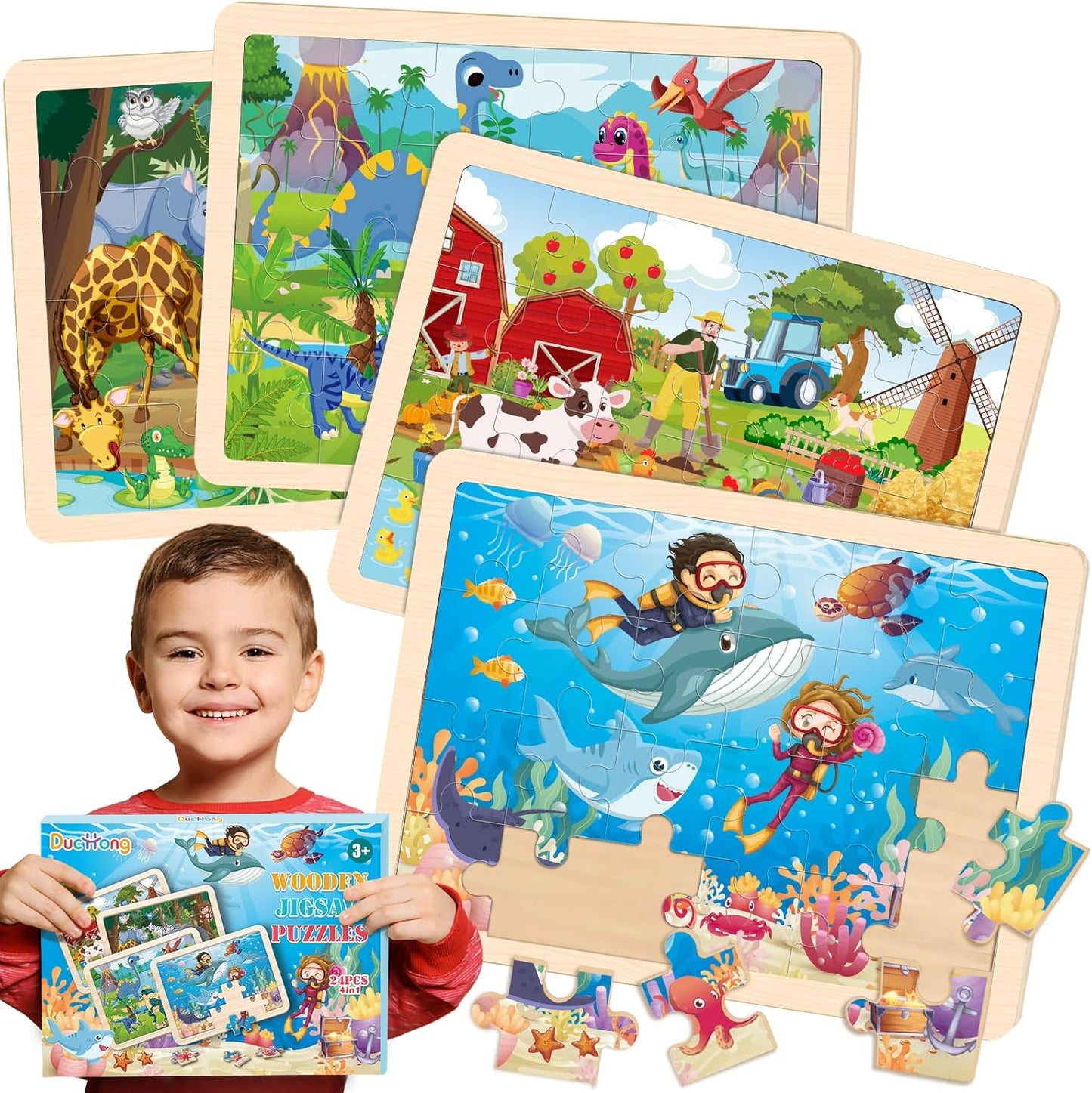 Puzzles for Kids Ages 4-6, 4 Packs Wooden Animals Jigsaw Puzzles for Toddlers Ages 3-5, Preschool Educational Puzzles Boards Toys Gifts for 3 4 5 6 Boys Girls