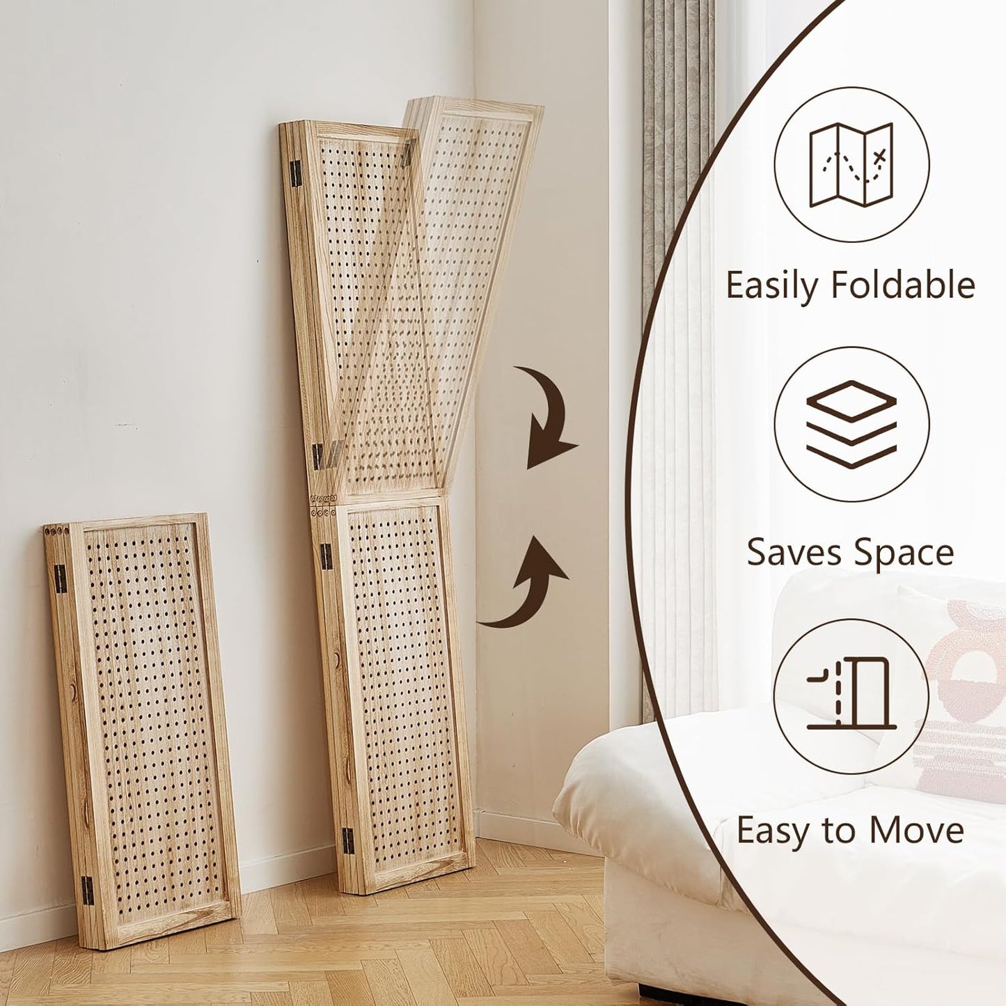 4 Panel Wooden Room Dividers, 5.6FT High Plug-in Folding Screen Made of Natural Wood, Pegboard Display for Bedroom and Shopping Malls and Jewelry Stores, Dark Brown