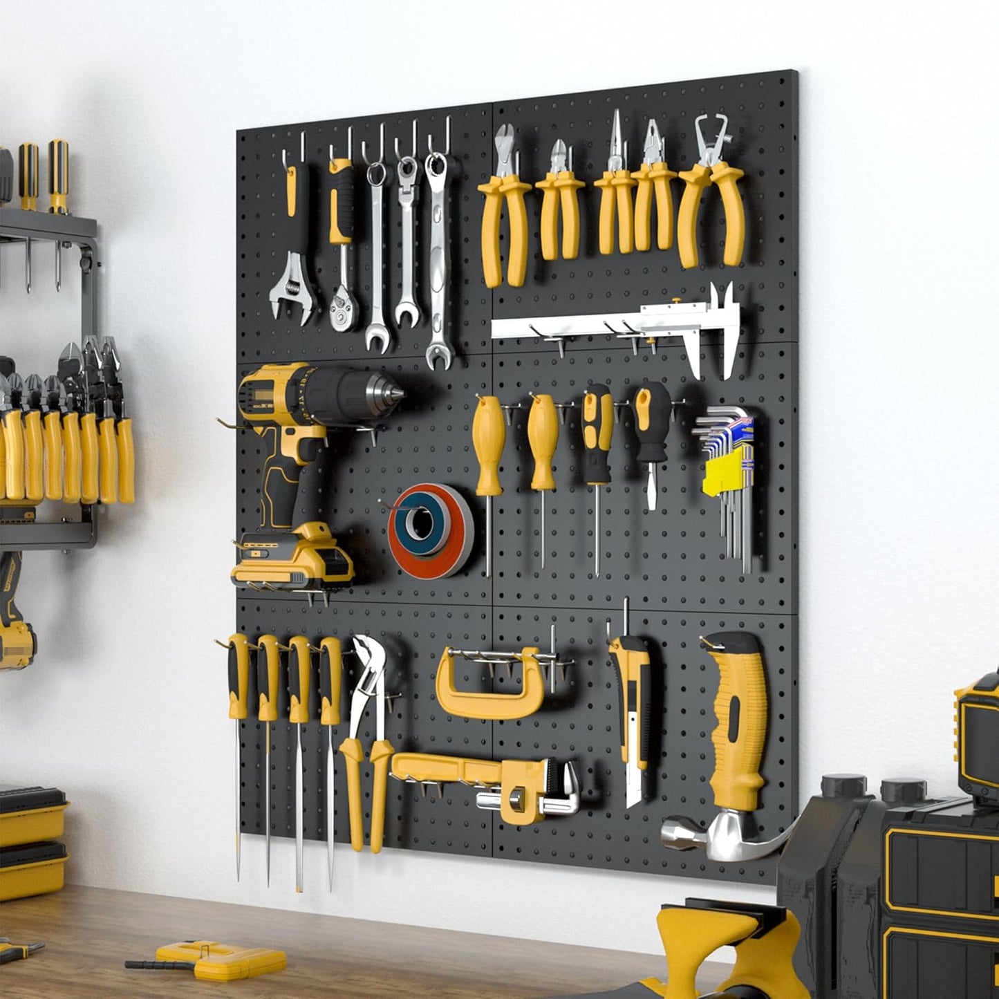 Spampur Peg Board, 4 Pack Metal Pegboard Panels with 50 Hooks, Black Pegboards Wall Organizer, Heavy Duty Peg Board for Walls Home, Garage Tool Storage, Office Organization, Craft Room, Kitchen