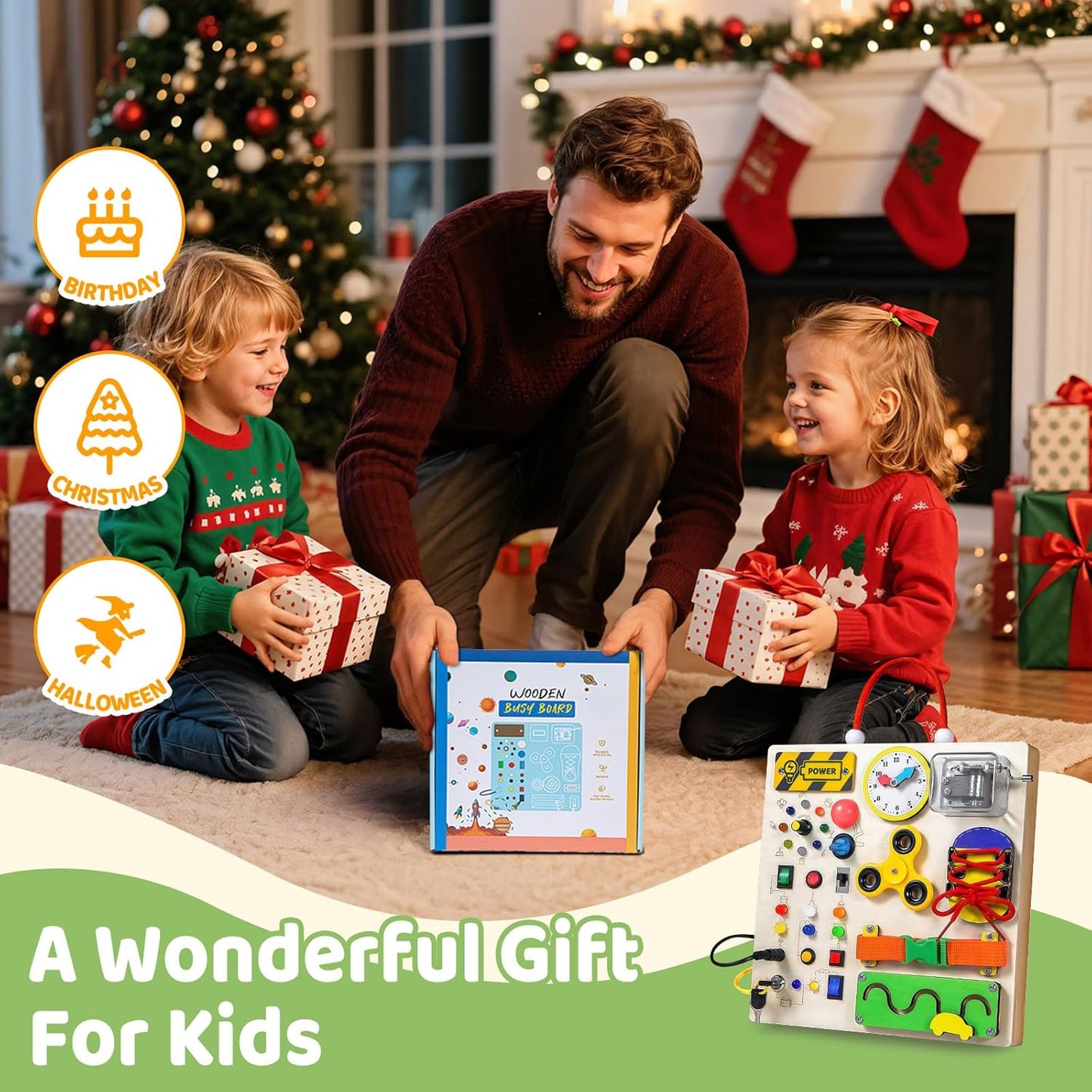 Montessori Wooden Busy Board Toys for 1 2 3 Boys Girls,Toddler Sensory Educational Fidget Board Travel Toy with LED Light Up Switches & Music Boxes, Locks for Kids Gifts