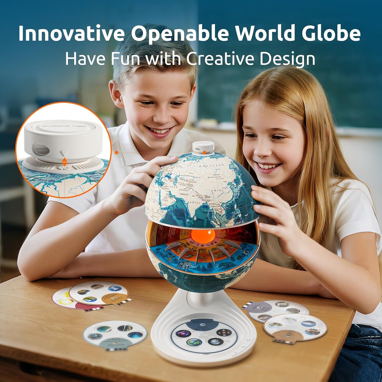 Science Can Openable Globe for Kids, 8 Inch Interactive World Globe, Talking Model with Knowledge & Quiz Mode, Bilingual STEM Toys for Ages 8-13, Educational Birthday Gifts for Boys & Girls Ages 6+