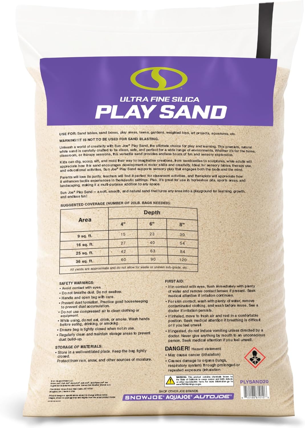 Sun Joe Silica Play Sand for Sandbox, Sensory Table & Gardens, Ultra Fine, 50 Lb Bag - Indoor & Outdoor Craft Accessory for Molding, Digging & Sculpting, PLYSAND50