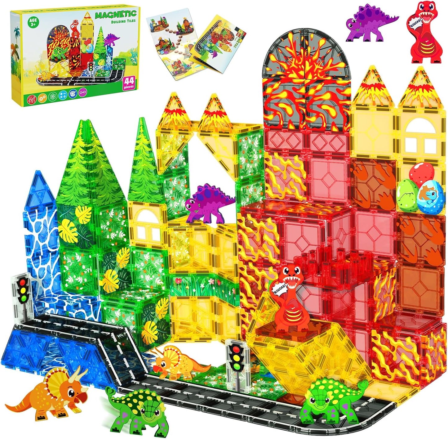 Magnetic Tiles with 4 Dinosaur Toys - Jurassic Scenes Dino World Magnet Tiles for Kids, Magnetic Building Blocks Set for Boys Girls Ages 3+, Sensory Toddler Creative Games Birthdays Gifts