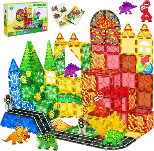 Magnetic Tiles with 4 Dinosaur Toys - Jurassic Scenes Dino World Magnet Tiles for Kids, Magnetic Building Blocks Set for Boys Girls Ages 3+, Sensory Toddler Creative Games Birthdays Gifts