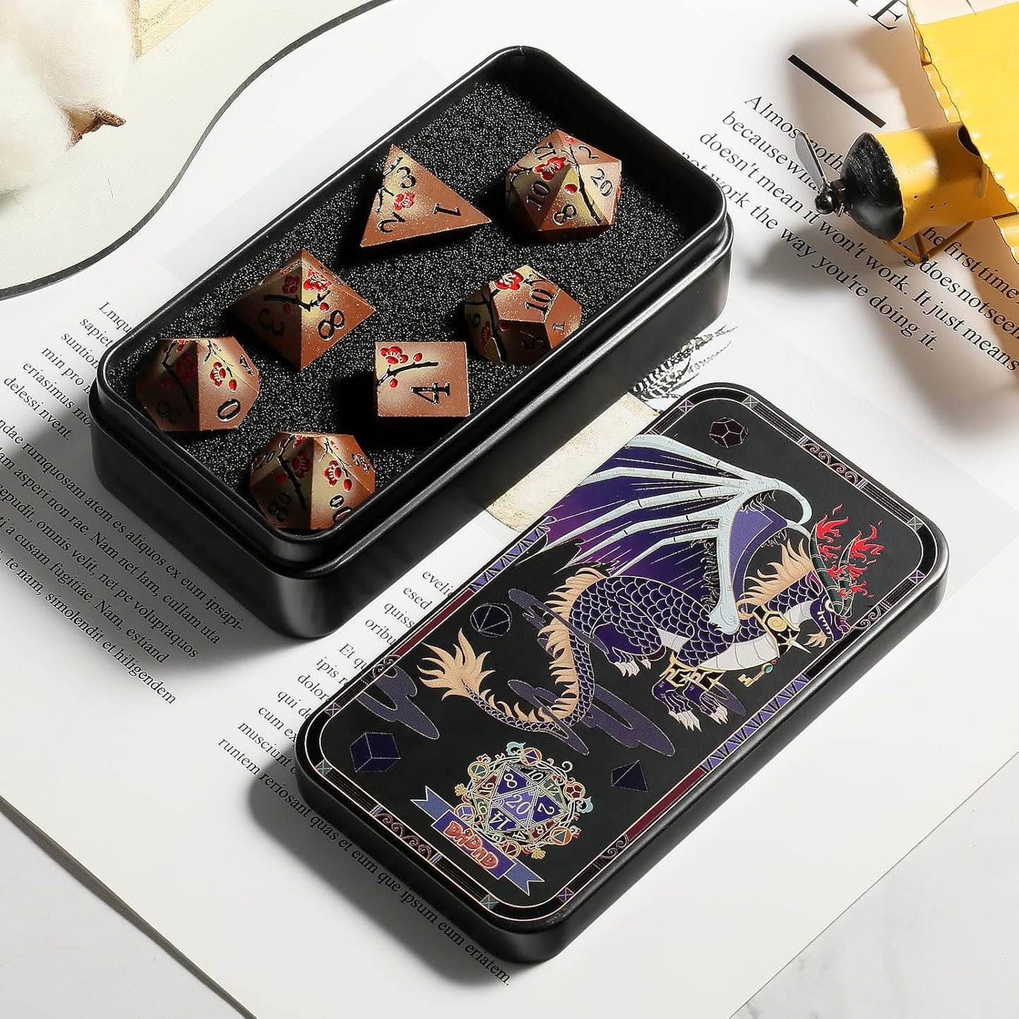 DnDnD Heavy Polyhedral Metal Dice Set with Metal Box, 7-die Shiny Blue Surface with Golden Number for RPG,Dungeons and Dragons,Pathfinder,Shadowrun,D&D,Role Palying Game and Math Teaching - Colors A