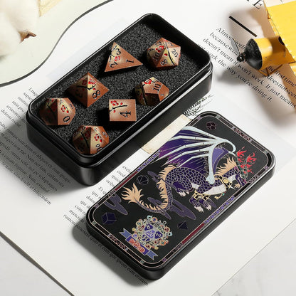 DnDnD Heavy Polyhedral Metal Dice Set with Metal Box, 7-die Shiny Blue Surface with Golden Number for RPG,Dungeons and Dragons,Pathfinder,Shadowrun,D&D,Role Palying Game and Math Teaching - Colors A