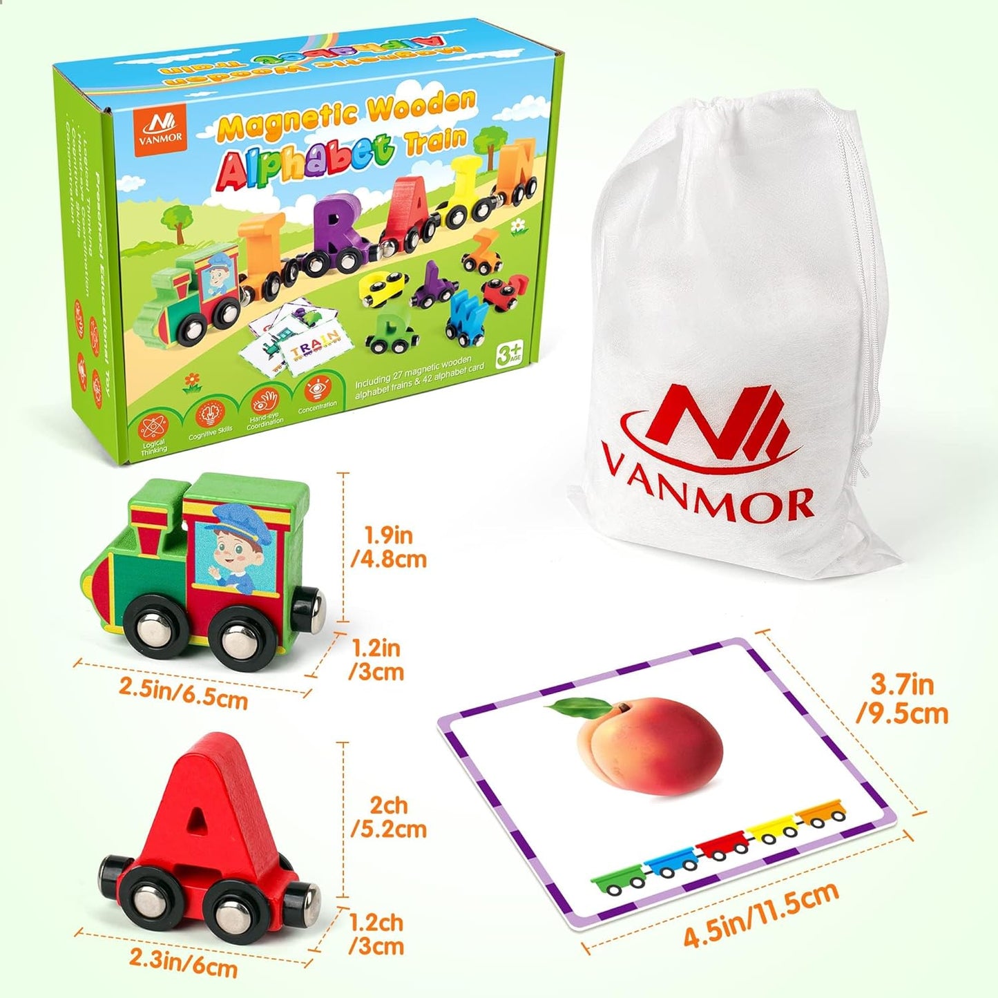 Vanmor Wooden Train Set for Toddlers - Snap-Connection Animal Trains, Magnetic Alphabet Train Learning Toys, STEM Preschool Toys, ABC and Animal Play Set for Kids Ages 3-5