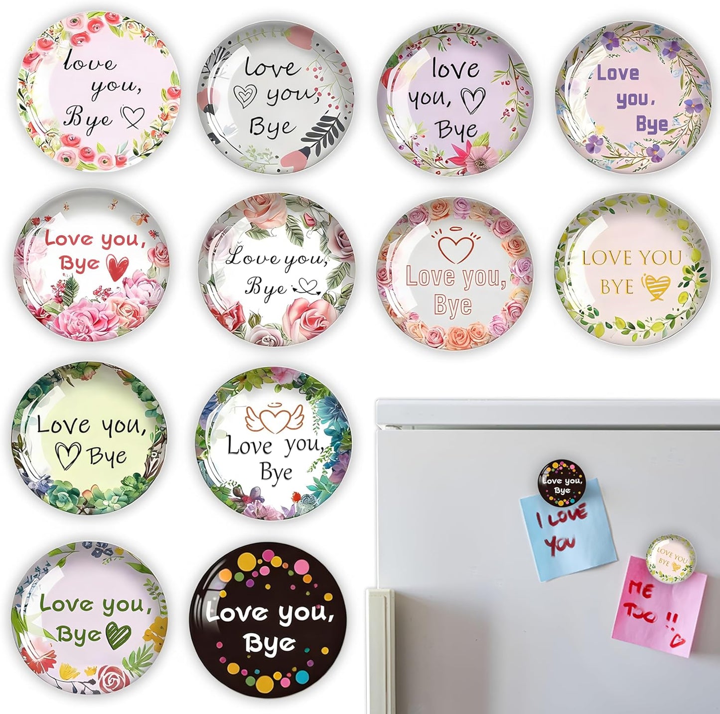 12PCS Love You Bye Fridge Magnets,Refrigerator Magnets Decorative for Whiteboard,Crystal Glass Magnet for Fridge,Cute Fridge Magnet for Locker,Crafts,Dry Erase,Kitchen,Office,Cubicle,Cabinet,Classroom