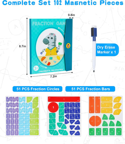Magnetic Fraction Demonstration Book, Magnetic Fraction Tiles & Circles Educational Puzzle Set, Montessori Fraction Playbook for Kids, Math Manipulatives for Elementary School