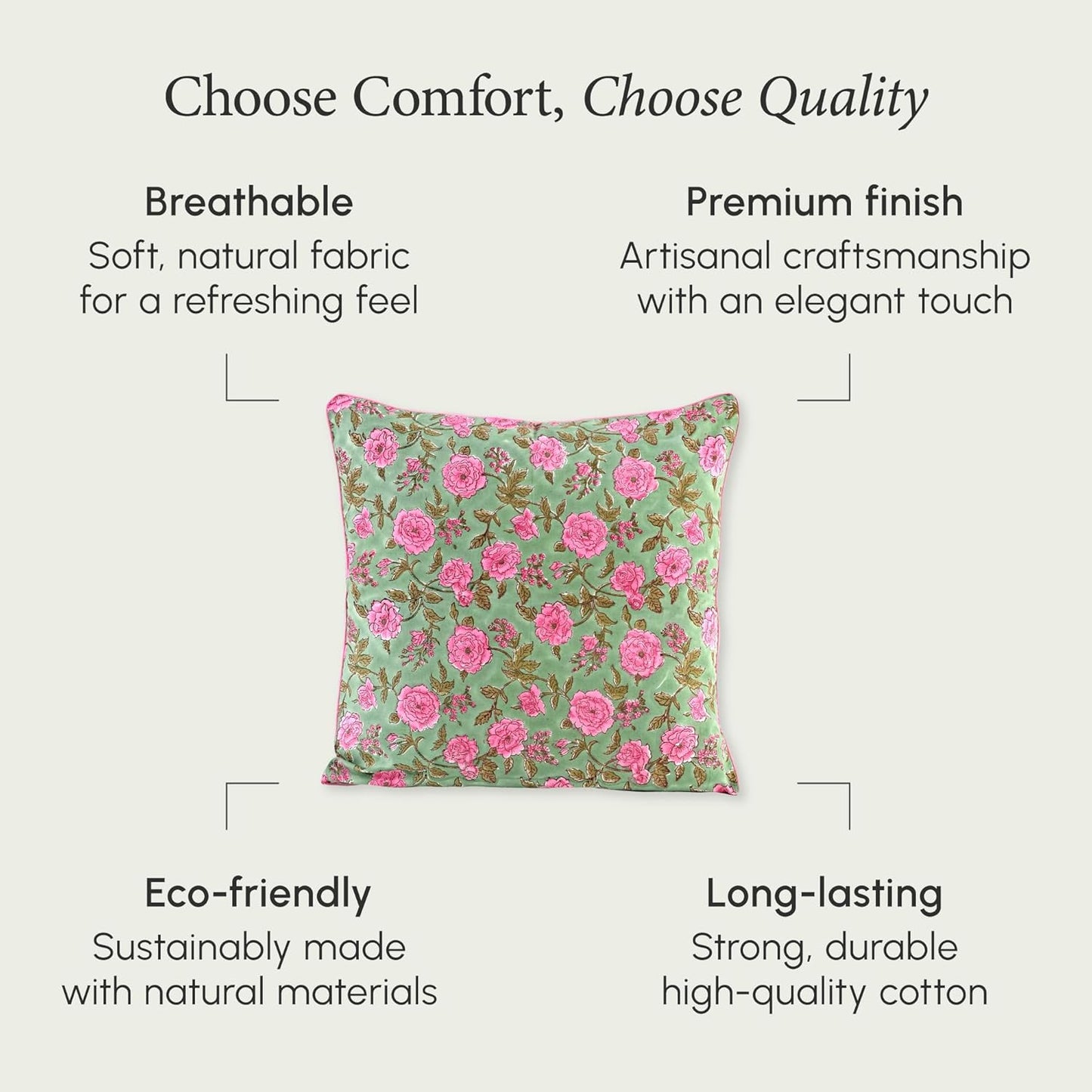 CPC 100% Cotton Throw Pillow Covers 18x18 Inch, Set of 2 Green Block Print Pattern Couch Pillow, Cute Boho Decorative Pillows for Living Room, Bedroom with Hidden Zipper- Agate Green