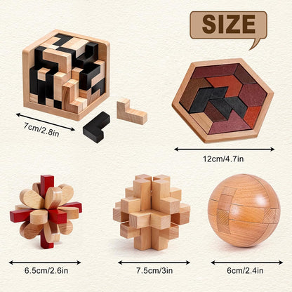 5PCS Wooden Puzzles for Adults & Kids – Cube & Shape Brain Teasers, Logic & Educational Games, Family Fun