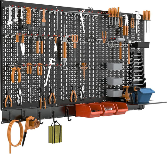 TORACK 109 PCS Pegboard Wall Organizer 4 ft. Garage Metal Pegboard Utility Tool Storage Kit w/Toolboard Hooks & Pegboard Hooks Accessories, Wall Mounted Storage Bins & Shelf