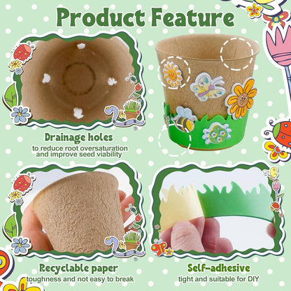 JYNTERPLAY 18 Pack Spring Garden Paper Pot Craft Kit Include 18 Pcs Paper Mache Pots and 108 Pcs Adhesive Foam Stickers Bulk for Kids Flower Planting Growing DIY Painting