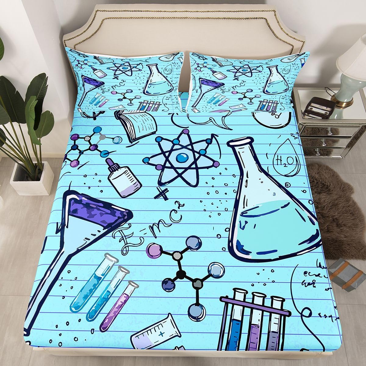 Erosebridal Chemistry Lab Fitted Sheet Twin Size Chemical Equation Bed Sheets for Boys Girls Chemical Elements Science Theme Bed Set Teens Kids Science Students Bedding Set School Dorm Room Decor