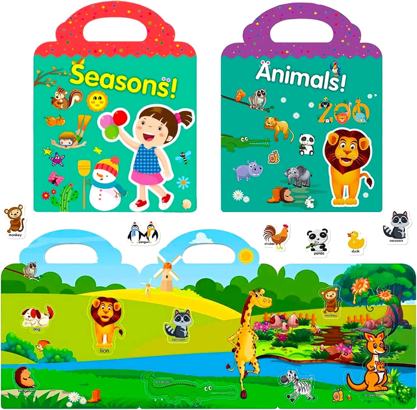 RUSON Reusable Sticker Book for Kids, 2 Sets Educational Learning Toys Travel Stickers Activity Books for Toddler Girls Boys Age 3+ Birthday Gifts - Vehicle & Dinosaur