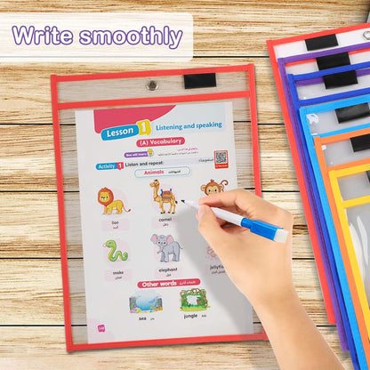 Ufmarine Job Ticket Holders, 6 Pcs Dry Erase Pockets Colorful (10" * 13"), Reusable Plastic Sleeves