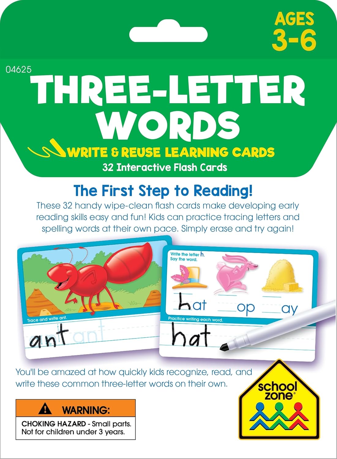 School Zone Three-Letter Words Write & Reuse Learning Cards: 32 Interactive Flash Cards, Preschool, Kindergarten, Letter & Word Recognition, Printing, Wipe Clean, Includes Dry Erase Marker