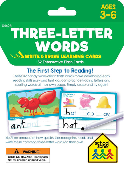 School Zone Three-Letter Words Write & Reuse Learning Cards: 32 Interactive Flash Cards, Preschool, Kindergarten, Letter & Word Recognition, Printing, Wipe Clean, Includes Dry Erase Marker