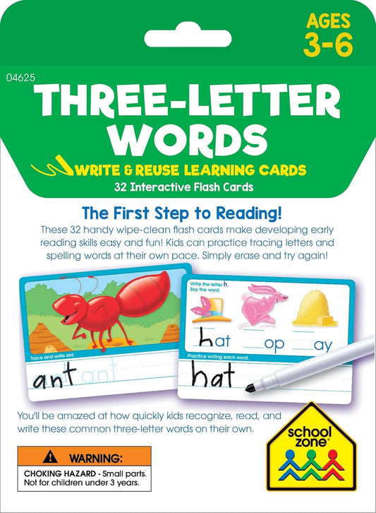 School Zone Three-Letter Words Write & Reuse Learning Cards: 32 Interactive Flash Cards, Preschool, Kindergarten, Letter & Word Recognition, Printing, Wipe Clean, Includes Dry Erase Marker