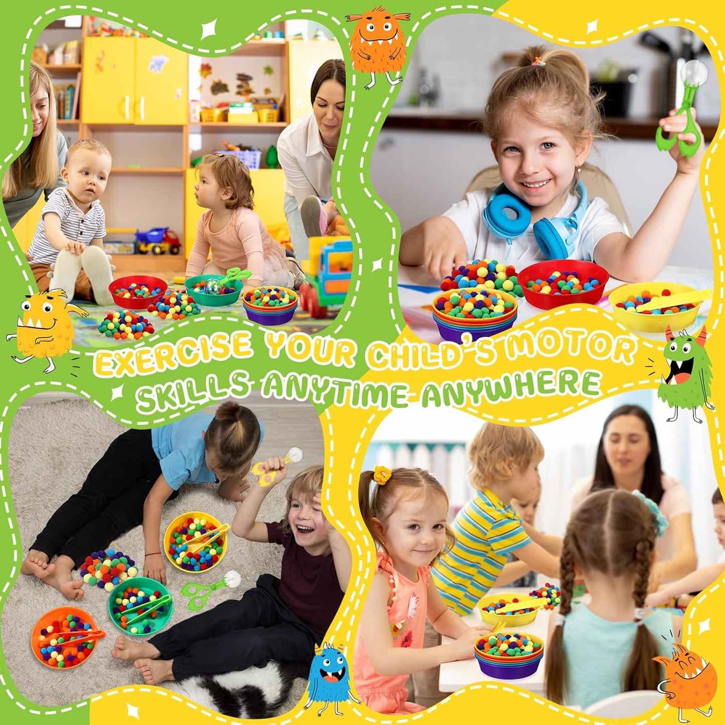 Zhanmai 142 Pcs Fine Motor Skills Toys Handy Scooper Set Sensory Bin Filler 12 Sorting Bowls 8 Tweezers 2 Scissors Clips 120 Plush Balls for Early Education and Sorting Counting Training Development