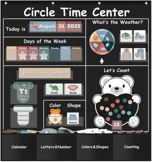 Circle Time Learning Center Pocket Chart for Classroom, Dry Erase Alphabet & Number Flash Cards, Write ABC Letter Tracing Writing Practice Games for Kids, Learning Weather Counting Color Shape