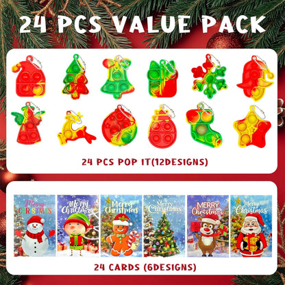 YQUQWN 24PCS Christmas Mini Pop Keychain Fidget Toys with 24 Holiday Cards, Mini Silicone Pop Toys Bulk for Kids Party Favors Christmas Toys Classroom Gift